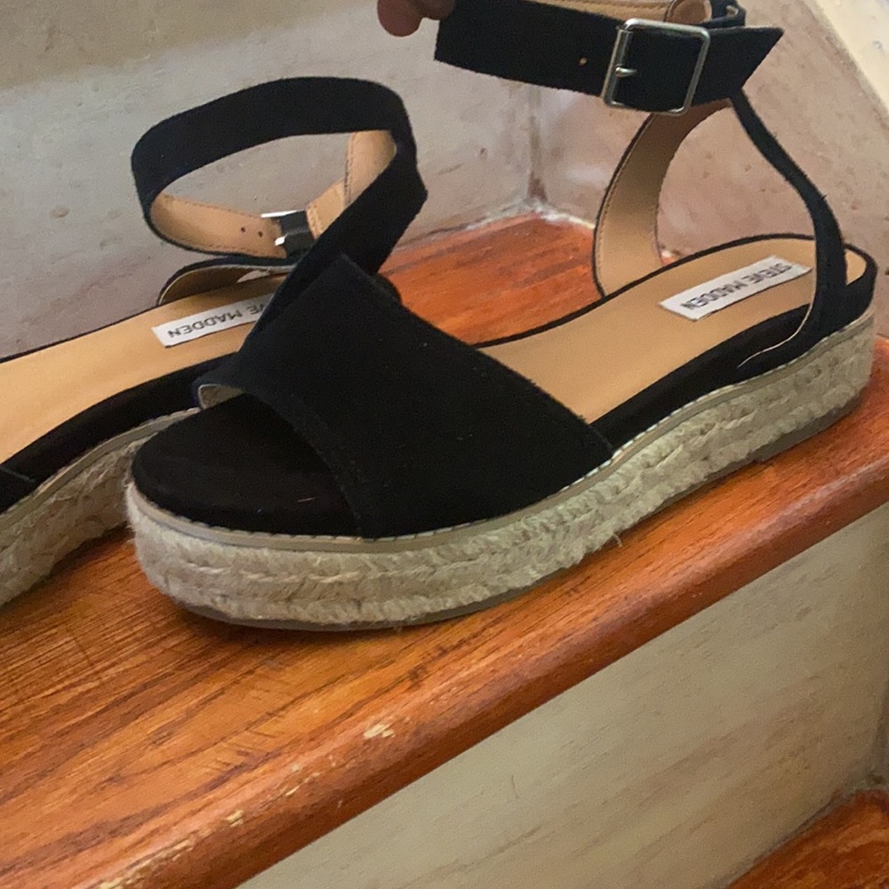 Steve Madden Women's Lapis Leather Open Toe Casual Espadrille Sandals Black Size 8